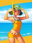  ahoge armpits arms_(game) beach beanie bellhenge brown_hair day hat looking_at_viewer mechanica_(arms) purple_eyes short_hair shorts smile solo swimsuit 