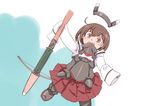  age_regression bow_(weapon) brown_eyes brown_hair child crossbow enjaku_izuku headgear_removed highres holding holding_weapon kantai_collection oversized_clothes pleated_skirt skirt sleeves_past_wrists solo taihou_(kantai_collection) weapon younger 