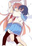  arms_up barefoot blue_eyes blue_hair brown_eyes d.y.x. flip_flappers hair_ornament hairclip hand_under_clothes hand_under_shirt kokomine_cocona long_hair looking_at_viewer lying multiple_girls on_back on_bed open_mouth orange_hair papika_(flip_flappers) red_ribbon ribbon school_uniform shirt shirt_lift short_hair yuri 