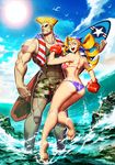  1girl :d american_flag american_flag_bikini american_flag_tattoo ass bandana barefoot bikini bird blonde_hair blue_eyes boxing_gloves breasts camouflage camouflage_shorts cloud commentary crossover day dog_tags drill_hair feet flag_print from_behind genzoman guile hat justice_gakuen large_breasts long_hair looking_back muscle ocean open_mouth shorts sky smile soles street_fighter sunglasses surfboard swimsuit tiffany_lords toes wading water 