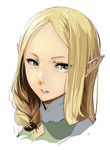  bangs blonde_hair braid elf enami_katsumi eyes face fardania green_eyes hair_over_shoulder isekai_shokudou looking_away looking_to_the_side medium_hair parted_bangs parted_lips pointy_ears portrait simple_background solo white_background 