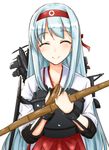  closed hachimaki hands_on_own_chest headband japanese_clothes kantai_collection long_hair machinery muneate shoukaku_(kantai_collection) silver_hair smile solo toko_(tenerezza666) upper_body very_long_hair yumi_(bow) 
