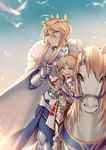  absurdres ahoge armor artoria_pendragon_(all) artoria_pendragon_(lancer) bangs blonde_hair breastplate cape crown dun_stallion eyebrows_visible_through_hair fang fate/apocrypha fate/grand_order fate_(series) fur_collar fur_trim gauntlets greaves green_eyes hair_between_eyes hair_bun highres holding_reins horse horseback_riding mordred_(fate) mordred_(fate)_(all) mother_and_daughter multiple_girls open_mouth outdoors pauldrons reins riding sidelocks sky white_cape yorukun younger 