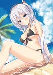  beach beret bikini black_bikini breasts cloud cloudy_sky collarbone day grey_eyes hat hatsu_(first_snow) kantai_collection kashima_(kantai_collection) large_breasts ocean outdoors partially_submerged short_hair silver_hair sky solo swimsuit two_side_up 