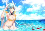  aqua_hair bikini breasts cloud day detached_collar detached_sleeves fate/grand_order fate_(series) flower hair_ribbon highres horns kiyohime_(fate/grand_order) kiyohime_(swimsuit_lancer)_(fate) kneeling large_breasts long_hair looking_at_viewer navel partially_submerged ribbon sakofu smile solo swimsuit thighhighs water yellow_eyes 