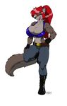  anthro belt biceps big_breasts blue_eyes boots bra breasts canine cleavage clothed clothing drawing-4ever female fingerless_gloves footwear fur gloves hair licking licking_lips looking_at_viewer luka_cross mammal muscular muscular_female pants red_hair sharp_teeth solo teeth tongue tongue_out underwear wendel2 wolf 
