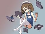  adrian_ferrer aircraft airplane bespectacled book cosplay glasses gradient gradient_background hair_tie hat i-8_(kantai_collection) i-8_(kantai_collection)_(cosplay) kantai_collection one-piece_swimsuit ryuujou_(kantai_collection) sailor_hat school_swimsuit smile solo swimsuit thighhighs twintails 