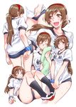  ass blue_buruma bracelet brown_eyes brown_hair buruma closed_eyes gym_uniform hairband highres idolmaster idolmaster_cinderella_girls jewelry long_hair nitta_minami ponytail simple_background solo sweat takanashi_ringo thighs towel translated white_background 