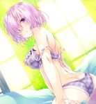  amami_mikihiro ass bangs bare_shoulders bed_sheet blush bra breasts butt_crack closed_mouth cowboy_shot day dimples_of_venus dutch_angle fate/grand_order fate_(series) hair_over_one_eye indoors large_breasts lavender_hair light_smile looking_at_viewer mash_kyrielight panties parted_lips plaid plaid_bra plaid_panties purple_bra purple_eyes purple_hair purple_panties short_hair sitting smile solo strap_slip underwear underwear_only window 