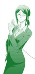  glasses green hand_on_hip hrt_(fujita_hiro) jewelry koyanagi_hanako looking_at_hand monochrome necklace office_lady otaku_ni_koi_wa_muzukashii ponytail solo standing string 