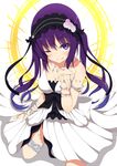  absurdres bangs bare_shoulders black_hairband blush bracelet breasts cleavage closed_mouth collarbone commentary cosplay dress euryale euryale_(cosplay) eyebrows_visible_through_hair fate/hollow_ataraxia fate_(series) from_above gochuumon_wa_usagi_desu_ka? hairband highres jewelry kneeling lolita_hairband long_hair looking_at_viewer medium_breasts mottsun_(i_40y) necklace one_eye_closed purple_eyes purple_hair shadow sleeveless sleeveless_dress smile solo tedeza_rize trait_connection twintails two-tone_background very_long_hair white_dress 