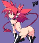  1girl :3 ass bigdead93 boots demon disgaea earrings elbow_gloves etna eyelashes high_heel_boots highres jewelry pointy_ears pussy red_eyes red_hair smile tail thigh_boots twintails uncensored wings 
