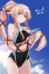  bare_shoulders black_swimsuit blue_sky breasts competition_swimsuit cowboy_shot day hair_ribbon holding holding_hair kantai_collection long_hair looking_at_viewer medium_breasts one-piece_swimsuit outdoors pink_hair ponytail ribbon sky smile solo standing swimsuit very_long_hair yellow_eyes yumesato_makura yura_(kantai_collection) 