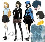  black_hair blue_eyes blush boots breasts brown_eyes brown_hair caroline_(persona_5) caroline_(persona_5)_(cosplay) choker cosplay cross-laced_footwear glasses gloves hat jewelry kawakami_sadayo knee_boots labcoat lace-up_boots limited_palette long_hair looking_at_viewer mifune_chihaya multiple_girls necklace necktie pantyhose persona persona_5 sakura_futaba school_uniform short_hair shuujin_academy_uniform skirt small_breasts smile takemi_tae werkbau 