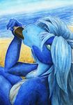  2017 anthro beach blue_body blue_hair breasts clothing dessert dragon female food green_eyes hair horn ice_cream long_hair looking_at_viewer multicolored_skin no_pupils object_in_mouth outside realistic samantha-dragon samantha_(samantha-dragon) seaside sitting solo summer swimsuit traditional_media_(artwork) watercolor_(artwork) 