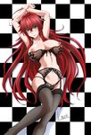  ahoge black_legwear blush breasts checkered checkered_background garter_straps green_eyes high_school_dxd large_breasts lingerie long_hair mutou_keiji nipples red_hair rias_gremory solo thighhighs underwear very_long_hair 
