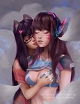 2girls ahri animal_ears artist_name black-framed_glasses black_hair bra breast_grab brown_hair crossover d.va_(overwatch) eyes_closed facial_mark headphones league_of_legends lick overwatch parted_lips shirt_lift tongue_out web_address whisker_markings 