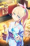  bad_id bad_pixiv_id blonde_hair blue_eyes blush bottle breasts closed_mouth collarbone eyebrows_visible_through_hair flower hair_flower hair_ornament holding holding_bottle japanese_clothes kimono large_breasts long_hair looking_at_viewer loup original ponytail smile solo yukata 