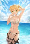  abs arm_behind_head arm_up armpits backlighting bangs bare_arms bare_shoulders bikini blonde_hair blue_sky braid breasts cleavage cloud cloudy_sky collarbone commentary day earrings eyebrows_visible_through_hair finger_to_mouth french_braid front-tie_bikini front-tie_top garter_straps garters girls_frontline green_eyes groin gun holster horizon jewelry looking_at_viewer lunacle medium_breasts navel ocean open_mouth outdoors short_hair short_twintails sky solo standing stomach swimsuit thigh_gap thigh_holster twintails weapon welrod welrod_mk2_(girls_frontline) white_bikini 