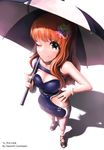  :3 absurdres artist_name bad_id bad_pixiv_id blush breasts brown_eyes brown_hair cleavage closed_mouth commission hand_on_hip highres holding holding_umbrella huira444 idolmaster idolmaster_cinderella_girls large_breasts moroboshi_kirari one_eye_closed race_queen smile solo umbrella 