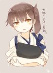  artist_name blush brown_eyes brown_hair collarbone commentary crossed_arms eyebrows_visible_through_hair frown hair_between_eyes hair_tie ina_(1813576) japanese_clothes kaga_(kantai_collection) kantai_collection kimono long_hair looking_at_viewer muneate side_ponytail simple_background solo tasuki translated upper_body white_kimono 
