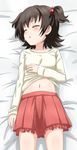  :o akagi_miria bed_sheet beige_shirt belly_peek black_hair blush breasts closed_eyes collarbone cowboy_shot eyebrows_visible_through_hair frilled_skirt frills from_above hair_bobbles hair_ornament hand_on_own_stomach highres idolmaster idolmaster_cinderella_girls long_sleeves lying midriff_peek navel on_back parted_lips pleated_skirt red_skirt short_hair skirt sleeping small_breasts solo trg-_(sain) two_side_up 