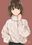  1girl aran_sweater bangs black_pants brown_background brown_eyes brown_hair closed_mouth commentary_request dated hand_in_pocket hand_up highres knit_(pop&#039;n_music) long_sleeves looking_at_viewer pants pop&#039;n_music sako_(user_ndpz5754) short_hair signature simple_background smile solo sweater turtleneck turtleneck_sweater upper_body white_sweater 