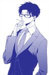  blue blue_hair cigarette formal glasses hrt_(fujita_hiro) looking_at_viewer male_focus monochrome necktie nifuji_hirotaka otaku_ni_koi_wa_muzukashii solo standing suit upper_body 