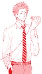  belt hand_in_pocket hrt_(fujita_hiro) kabakura_tarou looking_at_hand male_focus necktie otaku_ni_koi_wa_muzukashii pants red red_hair shirt smile solo standing striped striped_neckwear sweatdrop white_shirt 