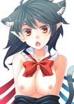  animal_ears asymmetrical_wings bangs bare_shoulders black_hair blue_wings bow bowtie breasts cat_ears cat_tail chestnut_mouth commentary_request extra_ears fang houjuu_nue kemonomimi_mode long_hair looking_at_viewer medium_breasts nipples ogino_(oginogino) open_mouth orange_eyes partial_commentary pointy_ears red_bow red_neckwear red_wings solo tail touhou undressing upper_body wings 