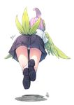  ahoge ass bird_tail bird_wings black_skirt commentary_request facing_away feathered_wings feathers floating from_behind green_feathers green_wings harpy harpy_(nukomasu) head_feathers huge_ahoge monster_girl nukomasu original panties panty_peek pink_hair school_uniform shadow shirt shoes signature simple_background skirt solo tail_feathers thigh_gap underwear white_background white_shirt winged_arms wings 