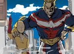  abs all_might bald belt blonde_hair blue_sky boku_no_hero_academia building cape cloud commentary covered_navel crossover day gloves grin hand_on_another's_shoulder hand_on_hip imamuu_(imamoon) looking_at_viewer male_focus multiple_boys muscle one-punch_man red_gloves saitama_(one-punch_man) shaded_face sky smile smoke superhero teeth waving 