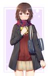  bag blush brown_hair brown_skirt closed_mouth eyebrows_visible_through_hair gamers! hand_on_own_chest highres hoshinomori_chiaki ji_dao_ji looking_at_viewer pink_eyes scarf school_bag short_hair skirt smile solo 