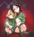  2girls black_hair blonde_hair blue_eyes blush breasts cuddling girls_und_panzer katyusha large_breasts nonna panties skirt small_breasts suzuki24 underwear upskirt white_panties 