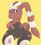  2014 absurd_res anthro berseepon09 black_sclera blush breasts butt clothing digital_media_(artwork) female fur hair hi_res hindpaw lagomorph leggings legwear long_ears looking_at_viewer looking_back mammal mega_evolution mega_lopunny nintendo nipples open_mouth paws pink_eyes pok&eacute;mon pussy rabbit rear_view side_boob simple_background solo spandex tight_clothing tongue video_games yellow_background 