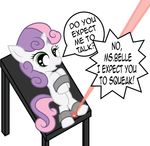  2013 brayburnman dialogue english_text equine female feral friendship_is_magic hair horn laser mammal multicolored_hair my_little_pony simple_background solo sweetie_belle_(mlp) text two_tone_hair unicorn white_background 