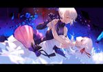 artoria_pendragon_(all) bangs bare_shoulders black_dress black_gloves blonde_hair blue_flower blue_rose blurry braid breasts commentary dark_sakura depth_of_field dress earrings elbow_gloves expressionless eyebrows_visible_through_hair fate/stay_night fate_(series) flower from_side gloves gothic_lolita hair_ribbon highres holding_hands jewelry joseph_lee letterboxed lolita_fashion matou_sakura medium_breasts multiple_girls red_eyes red_ribbon ribbon rose saber_alter sidelocks white_dress white_hair yellow_eyes 
