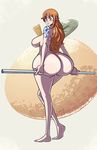  1girl ass axel-rosered blush breasts earrings huge_ass large_breasts long_hair looking_at_viewer nami nami_(one_piece) nude one_piece orange_hair shiny shiny_skin smile solo weapon 