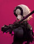  armor eyebrows_visible_through_hair fate/grand_order fate_(series) from_side headpiece highres holding holding_sword holding_weapon jeanne_d'arc_(alter)_(fate) jeanne_d'arc_(fate)_(all) looking_away parted_lips red_background simple_background solo sword tongue tongue_out upper_body wanke weapon white_hair yellow_eyes 