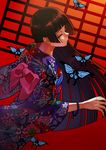  black_hair black_kimono bug butterfly enma_ai from_behind highres insect japanese_clothes jigoku_shoujo kimono long_hair looking_back red_eyes solo teiuyou 