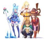  3girls aqua_(konosuba) black_hair black_legwear blue_eyes blue_footwear blue_hair blue_legwear boots bottle breasts brown_footwear brown_hair brown_hat cleavage coin darkness_(konosuba) green_eyes hat high_heels holding holding_staff knee_boots kneeling kono_subarashii_sekai_ni_shukufuku_wo! large_breasts long_hair looking_at_another looking_away loup megumin multiple_girls orange_footwear ponytail red_eyes satou_kazuma short_hair staff sweatdrop thigh_boots thighhighs thighhighs_under_boots white_legwear zettai_ryouiki 