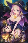  bad_id bad_pixiv_id black_hat black_legwear blonde_hair blue_eyes blush breasts cleavage eyebrows_visible_through_hair halloween hat highres jack-o'-lantern lantern large_breasts long_hair looking_at_viewer loup original parted_lips pumpkin sitting skull solo star striped striped_legwear thighhighs tongue tongue_out vertical-striped_legwear vertical_stripes wariza witch_hat yellow_legwear 