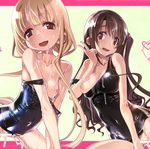  :d absurdres bar_censor blonde_hair breasts brown_eyes brown_hair bukkake censored cleavage covered_navel cum futaba_anzu heart highres idolmaster idolmaster_cinderella_girls large_breasts long_hair multiple_girls nipples old_school_swimsuit one-piece_swimsuit open_mouth sakuya_tsuitachi school_swimsuit shimamura_uzuki shiny_swimsuit small_breasts smile swimsuit twintails v 