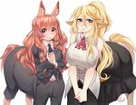  2017 a_centaur&#039;s_life big_breasts blonde_hair blue_eyes blush breasts centaur centorea_shianus_(monster_musume) clothed clothing crossover duo equine equine_taur female hair iwbitu kimihara_himeno long_hair looking_at_viewer mammal monster_musume pointy_ears simple_background smile taur white_background 