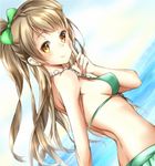 bangs bikini bikini_skirt blush bow breasts brown_hair commentary_request dutch_angle finger_to_face from_side green_bikini green_bow hair_bow halterneck highres index_finger_raised long_hair looking_at_viewer love_live! love_live!_school_idol_project medium_breasts minami_kotori ocean one_side_up shinki_(user_srrn2727) sideboob smile solo swimsuit upper_body yellow_eyes 