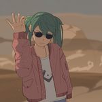  arm_at_side arm_up blue_pants brown_jacket closed_mouth commentary denim desert dust_cloud earrings green_hair grey_sky hatsune_miku highres jacket jeans jewelry light_frown long_hair long_sleeves looking_down meme nagdonggang outdoors pants pocket salt_bae_(meme) sand serious shirt sky solo suna_no_wakusei_(vocaloid) sunglasses twintails upper_body vocaloid white_shirt 