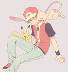  baseball_cap brown_hair cheek_kiss covering_eyes denim gen_1_pokemon hat jacket jeans kiss komasawa_(fmn-ppp) legendary_pokemon mew one_eye_closed pants pikachu pokemon pokemon_(creature) pokemon_(game) pokemon_frlg red_(pokemon) red_(pokemon_frlg) short_hair short_sleeves wristband 