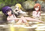  absurdres amakusa_shino blonde_hair blush breasts brown_eyes brown_hair cleavage collarbone furuta_makoto hagimura_suzu highres large_breasts legs long_hair looking_at_viewer megami multiple_girls naked_towel onsen open_mouth purple_eyes purple_hair seitokai_yakuindomo shichijou_aria small_breasts smile towel twintails 