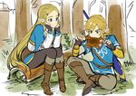  1girl black_pants blonde_hair blue_eyes blush boots braid brown_footwear commentary earrings eating eyebrows fingerless_gloves forest french_braid frog gloves grass jewelry knee_boots link long_hair nature pants pointy_ears princess_zelda shimo_(s_kaminaka) sitting smile sword the_legend_of_zelda the_legend_of_zelda:_breath_of_the_wild tree vambraces very_long_hair weapon x_x 