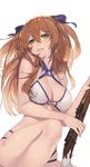  absurdres bangs bikini blue_ribbon breasts cleavage commentary girls_frontline gun hair_between_eyes hair_ribbon half-closed_eyes highres holding holding_gun holding_weapon jam_(nandade) knee_up large_breasts long_hair looking_at_viewer m1903_springfield m1903_springfield_(girls_frontline) o-ring o-ring_bikini parted_lips ribbon rifle simple_background sitting smile solo swimsuit two_side_up weapon white_background white_bikini 